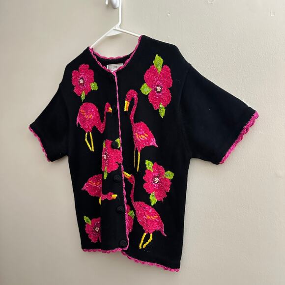 Lisa International Flamingo Beaded Sequin Cardigan Sweater Short Sleeve MEDIUM - Picture 10 of 14